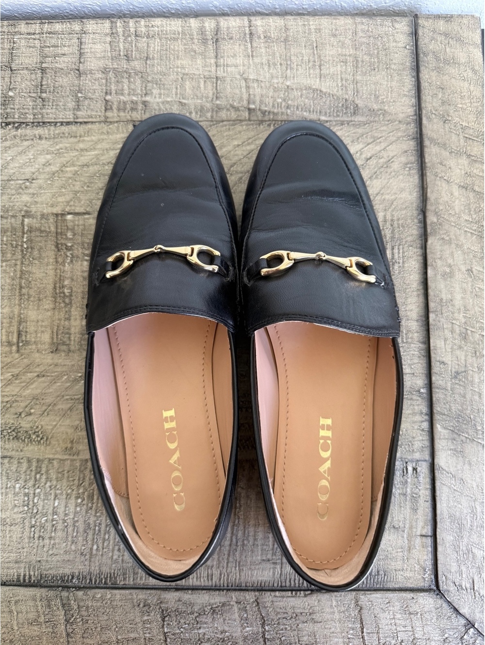 Coach Haley Loafers Black Leather Horsebit Gold Size 8 Slip On Shoes